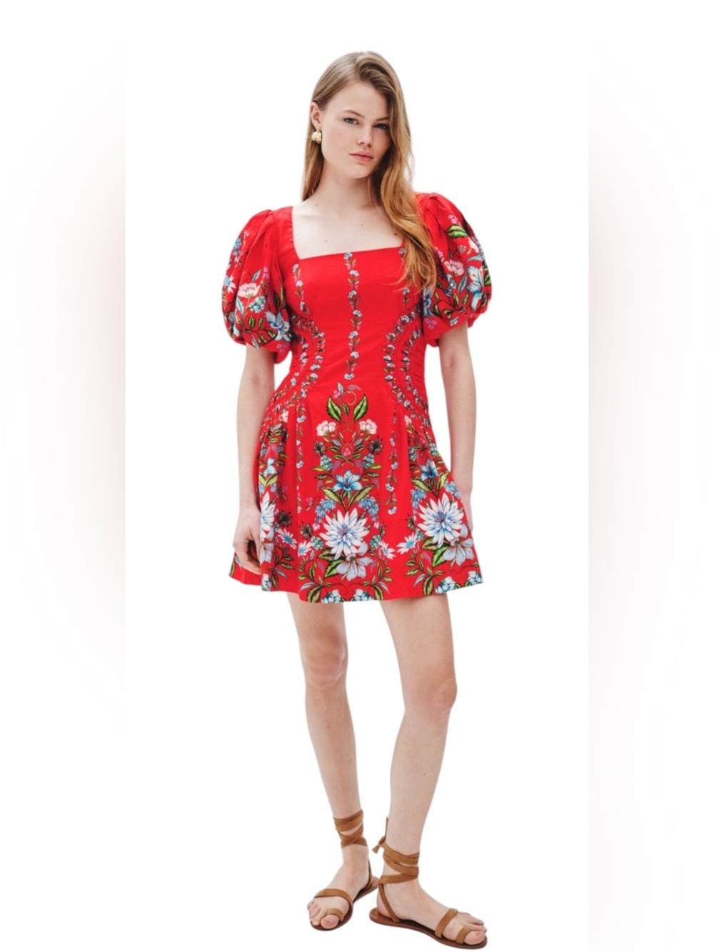 FARM Rio Sweet Bloom Bouquet Mini Dress Red Floral Puff Sleeve Linen Blend